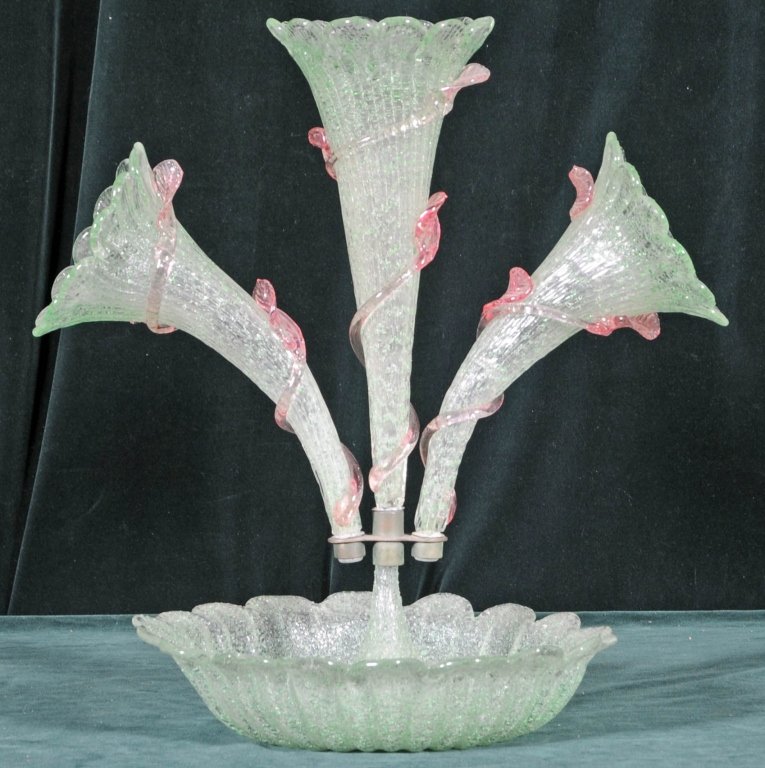 ANTIQUE VICTORIAN GREEN & PINK GLASS EPERGNE. 3 GLASS I: ANTIQUE VICTORIAN GREEN & PINK GLASS EPERGNE. 3 GLASS INSET VASES. GOOD. 16" X 11" DIA.