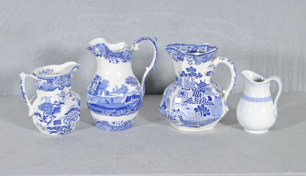 4 BLUE & WHITE PORCELAIN & IRONSTONE PITCHERS. 2 ARE MA: 4 BLUE & WHITE PORCELAIN & IRONSTONE PITCHERS. 2 ARE MASON'S IRONSTONE, ONE IS SPODE AND ONE IS BASALT WITH WHEAT DECORATION. GOOD. TALL= 11" H X 10" DIA.