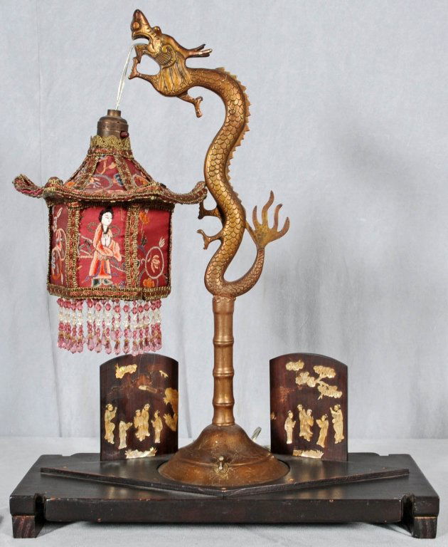 CHINESE BRONZE DRAGON LAMP WITH SLIK SHADE. 2 MOTHER OF Feb 27, 2013