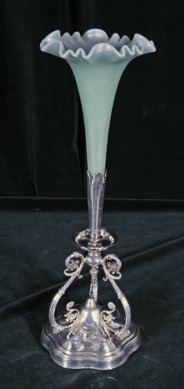 SILVER PLATED & ART GLASS EPERGNE. LIGHT GREEN IRIDESCE: SILVER PLATED & ART GLASS EPERGNE. LIGHT GREEN IRIDESCENT ART GLASS INSERT. GOOD. 19 1/2" H X 6 3/4" W.