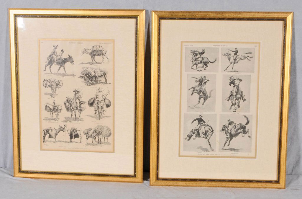 PAIR OF FRAMED REMINGTON PRINTS FROM HARPERS WEEKLY. ON: PAIR OF FRAMED REMINGTON PRINTS FROM HARPERS WEEKLY. ONE DEPICTS "PACK" ANIMALS AND THE OTHER DEPICTS HORSES & RIDERS. GOOD. 15" H X 10" W.