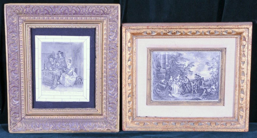 2 BLACK & WHITE ETCHED PANELS. ONE DEPICTS AN OUTDOOR S: 2 BLACK & WHITE ETCHED PANELS. ONE DEPICTS AN OUTDOOR SETTING AND ONE AN INTERIOR SCENE. GILT FRAMES. GOOD. 7 1/4" X 6 & 7 1/2" X 5 1/2" .