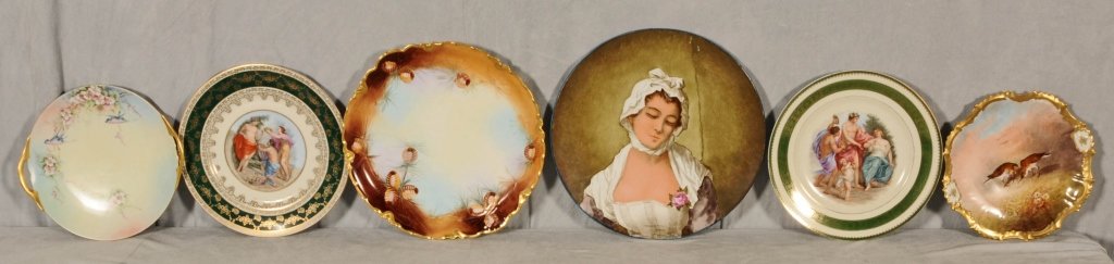 6 PAINTED PORCELAIN PLATES. PORTRAIT, BIRD, AND FLORAL: 6 PAINTED PORCELAIN PLATES. PORTRAIT, BIRD, AND FLORAL DECORATION. ROYAL BONN, LIMOGES, BAVARIAN, GERMAN, CZECHOSLOVAKIA ETC. GOOD. BIG= 13" DIA. SM= 9 1/2" DIA.