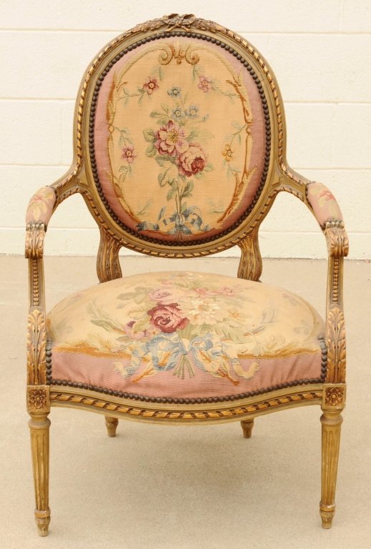 ANTIQUE FRENCH LOUIS XVI STYLE OPEN ARMCHAIR. FLORAL : ANTIQUE FRENCH LOUIS XVI STYLE OPEN ARMCHAIR. FLORAL AUBUSSON TAPESTRY COVERING. GOOD. 37" H X 24" W X 21"D.