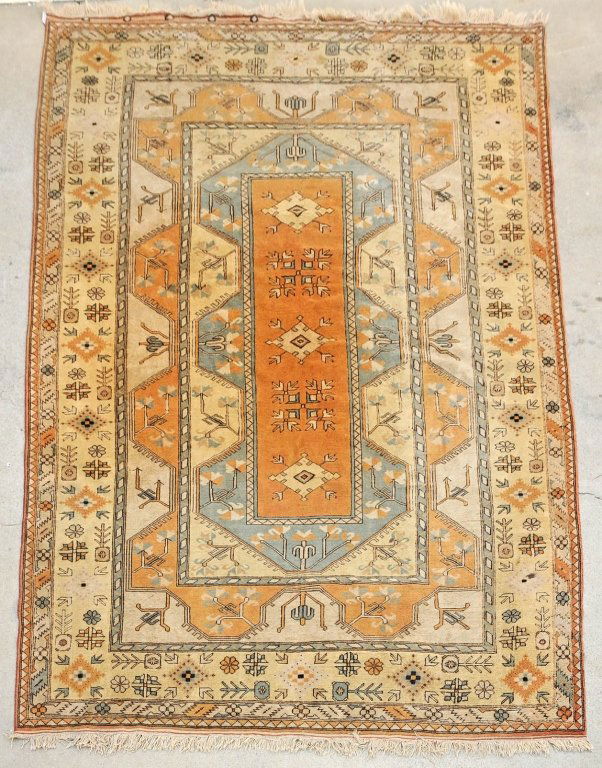 TURKISH ORANGE & BIEGE CARPET. MULTI-COLOR GEOMETERIC: TURKISH ORANGE & BIEGE CARPET. MULTI-COLOR GEOMETERIC DESIGN. GOOD. 8' 4" X 12' 10" . FROM THE SANTA MONICA CONDOMINIUM OF LARRY HAGMAN, STAR OF "DALLAS" AND "I DREAM OF JEANNIE"