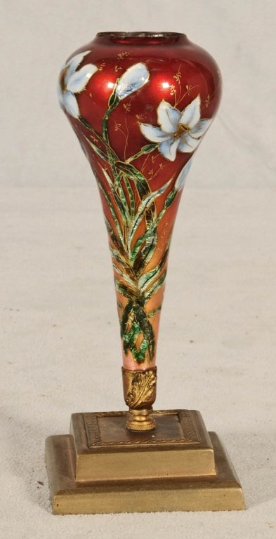 RED ENAMEL VASE WITH RAISED MULTI-COLOR ENAMEL FLORAL : RED ENAMEL VASE WITH RAISED MULTI-COLOR ENAMEL FLORAL DECORATION. ORMOLU BASE. GOOD. 7 1/4" H X 3" SQ.