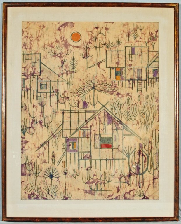 CHINESE TEMPRA PAINTING. ENTITLED "BRIGHT DAY, OR HAR: CHINESE TEMPRA PAINTING. ENTITLED "BRIGHT DAY, OR HARI YANG CHERAH". BATIK MEDIUM. BY CHUAH THEAN TENG. ORIGINAL BILL OF SALE FROM SAMAT ART GALLERY, MALAYSIA. NOV 10, 1968. CATALOG AND A CARD. GOOD. 