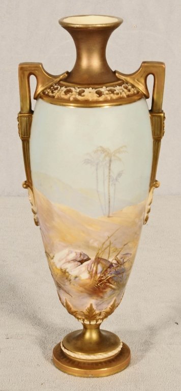 ROYAL WORCESTER PAINTED VASE. DEPICTING A FIGURE OF : ROYAL WORCESTER PAINTED VASE. DEPICTING A FIGURE OF A CRANE. SIGNED W. LOWELL. NECK HAS BEEN REPAIRED. 10 1/2" H X 4" W X 2 1/2" D.