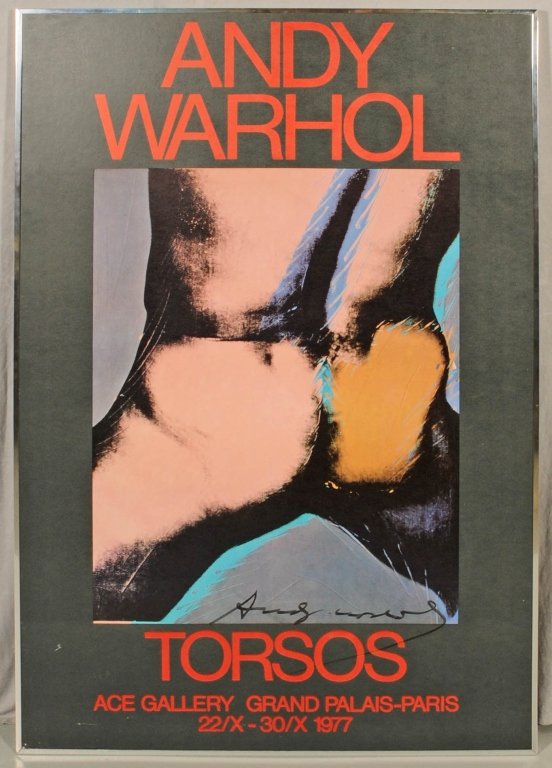 ANDY WARHOL (1928-1987). "TORSOS," 1977. COLOR OFFSET: ANDY WARHOL (1928-1987). "TORSOS," 1977. COLOR OFFSET LITHOGRAPH POSTER. ACE GALLERY PUBLISHER. COMPLEMENTARY SIGNATURE IN FELT TIP PEN. SILVER METAL FRAME. GOOD. 58 1/2" H X 39" W.