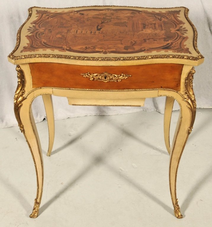19th C. FRENCH MARQUETRY SEWING TABLE. FINE MARQUETRY: 19th C. FRENCH MARQUETRY SEWING TABLE. FINE MARQUETRY LANDSCAPE DESIGN TOP. PAINTED FRAME. ORMOLU MOUNTS. CABRIOLE LEGS. GOOD. 28" H X 24" W X 17" D.
