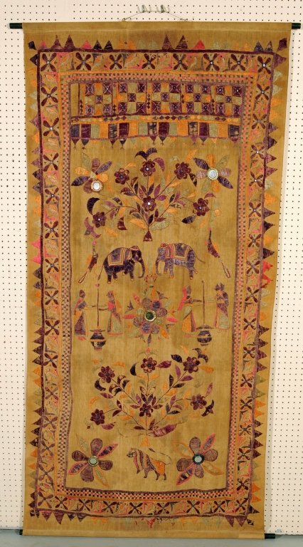 INDIAN APPLIED AND PAINTED TAPESTRY WALL HANGING. LATE: INDIAN APPLIED AND PAINTED TAPESTRY WALL HANGING. LATE 19th/ E 20th C. FROM CUTCH GUJRAT ARIA. PURCHASED ON NOV. 11, 1968 FROM KUMAR GALLERY NEW DELHI. GOOD. 86" H X 42" W.