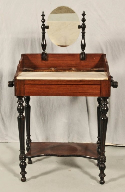 ANTIQUE VICTORIAN MARBLE TOP CHILD'S MAKE UP TABLE. : ANTIQUE VICTORIAN MARBLE TOP CHILD'S MAKE UP TABLE. ROUND MIRROR AND SPOOL LEGS. GOOD. 34" x 20" w x 11" D.