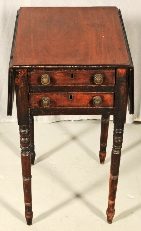 ANTIQUE SMALL DROP LEAF TABLE WITH 2 DRAWERS. TURNED L: ANTIQUE SMALL DROP LEAF TABLE WITH 2 DRAWERS. TURNED LEGS. OPEN 28" W. FAIR. 25 1/2" H X 18" W X 13 1/2" D.