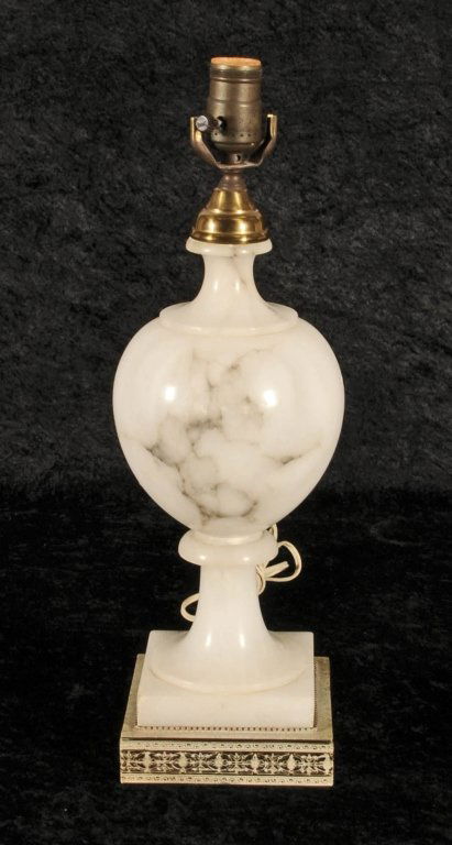 WHITE ALABASTER URN SHAPED LAMP ON A PEDESTAL BASE. GOO: WHITE ALABASTER URN SHAPED LAMP ON A PEDESTAL BASE. GOOD. 13" H X 5 1/4" DIA.
