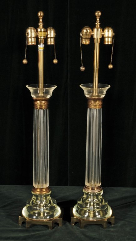 PR. GLASS REEDED COLUMN LAMPS. GILT ORMOLU BANDS A: PR. GLASS REEDED COLUMN LAMPS. GILT ORMOLU BANDS AND BASE. GOOD. 21" H.
