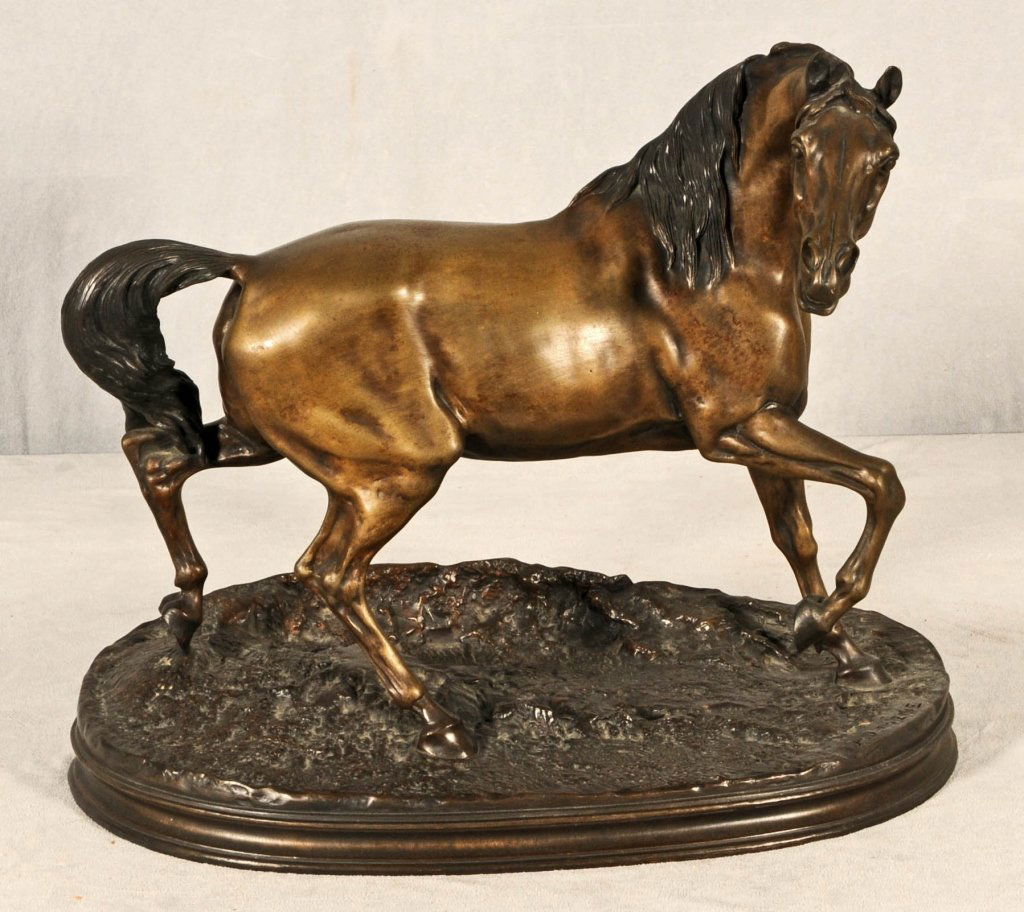COMTENPORARY BRONZE FIGURE OF A HORSE. AFTER P. J.: COMTENPORARY BRONZE FIGURE OF A HORSE. AFTER P. J. MENE. GOOD. 15 1/4" H X 18" W X 8 1/2" D.