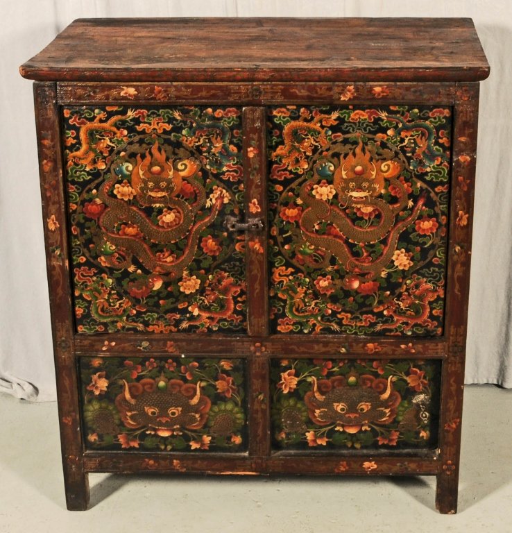 ANTIQUE TIBETAN PAINTED CABINET WITH DOUBLE DOORS, SLID