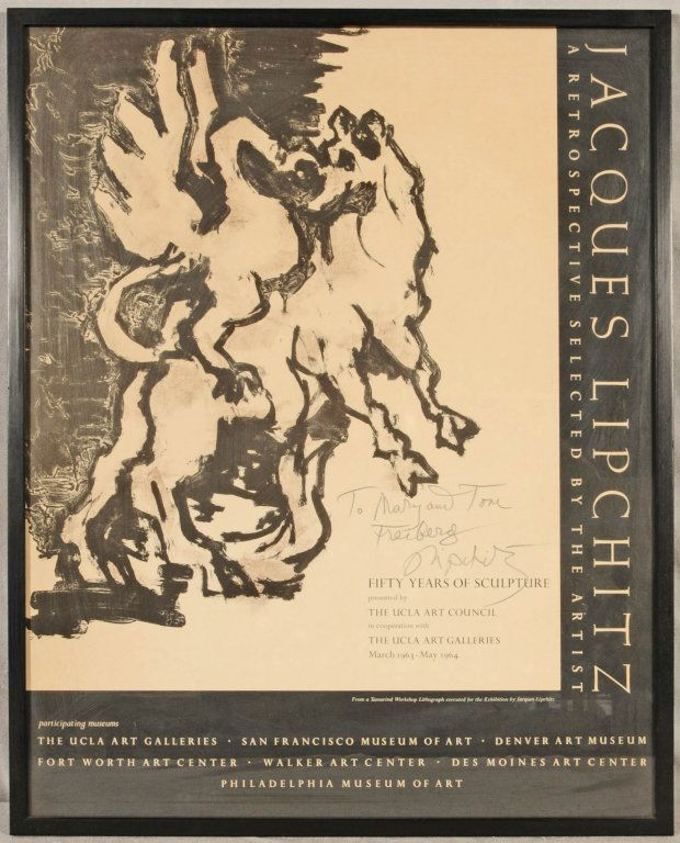 JACQUES LIPCHITZ POSTER. ENT. "FIFTY YEARS OF SCULPTURE: JACQUES LIPCHITZ POSTER. ENT. "FIFTY YEARS OF SCULPTURE." SIGNED TO "MARY & TOM FEIRBERG. BLACK FRAME WITH GLASS. GOOD. 22 3/4" H X 18" W.