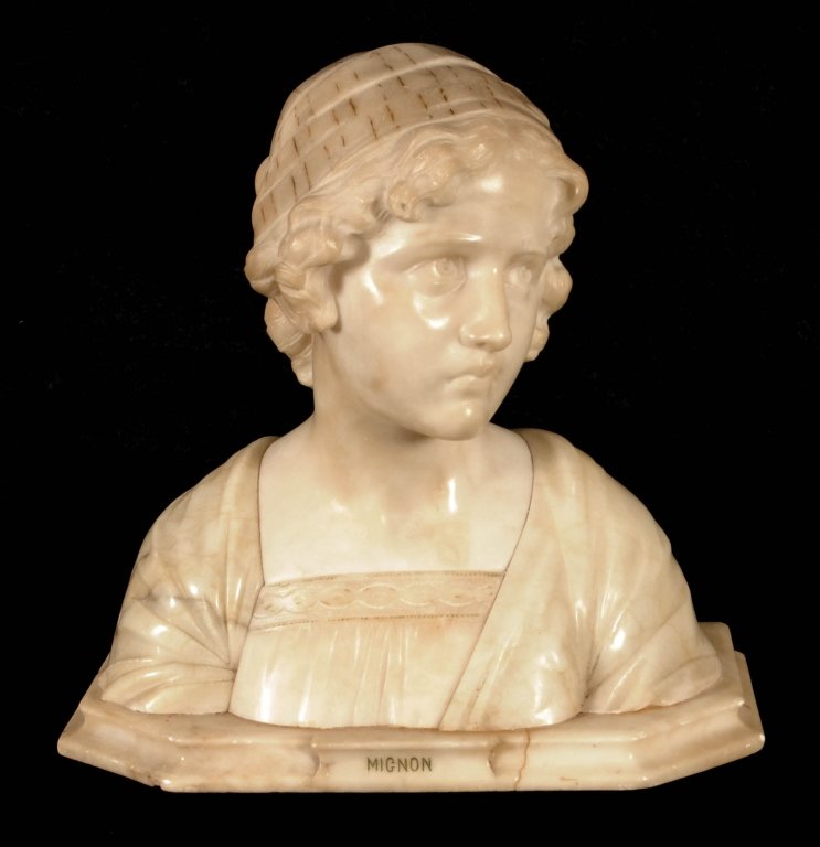 CARVED ALABASTER BUST OF A WOMAN. ENT. "MIGNON." GOOD. : CARVED ALABASTER BUST OF A WOMAN. ENT. "MIGNON." GOOD. 14" H X 14 3/8" W X 6 3/4" D.