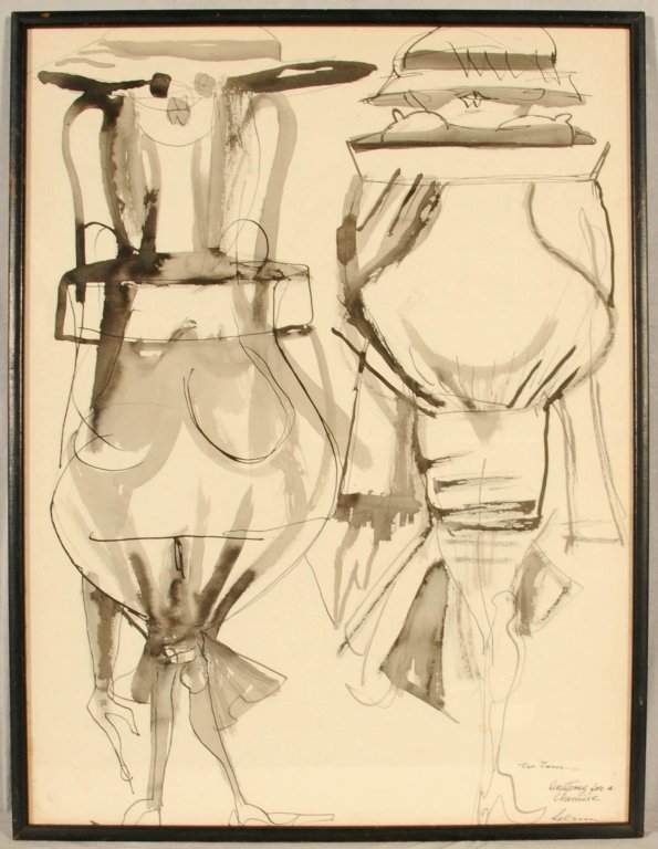 CALIFORNIA INK DRAWING OF 2 MEN STANDING. ENT. " AN ANA: CALIFORNIA INK DRAWING OF 2 MEN STANDING. ENT. " AN ANATOMY FOR A CHEMISE" INSCRIBED TO TOM. SIGNED LEBRAUN.(RICO) 1900- 1964. GOOD. 24 3/4" X 18 3/4".