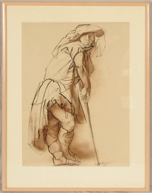 CALIFORNIA PASTEL AND INK DRAWING OF A MAN WITH A CRUTC: CALIFORNIA PASTEL AND INK DRAWING OF A MAN WITH A CRUTCH. WAR STUDY. SIGNED LEBRUN (RICO) 1947. GOOD. 25 1/4" H X 18 3/4" W.