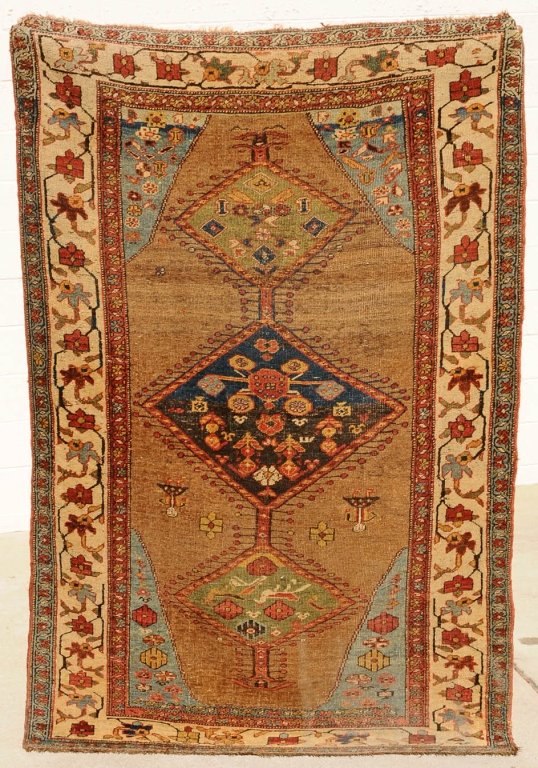 SEMI-ANTIQUE HEREZ THROW RUG. BROWN BACKGROUND WITH BLU: SEMI-ANTIQUE HEREZ THROW RUG. BROWN BACKGROUND WITH BLUE AND GREEN DIAMOND PATTERN. IVORY COLOR BORDERS. GOOD. 4' 5" X 6' 6".
