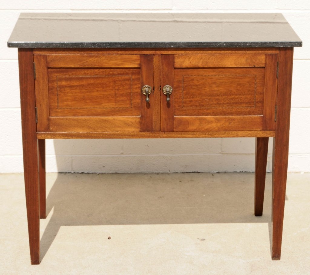 EDWARDIAN MAHOGANY MARBLE TOP SIDEBOARD. GOOD. 30 1/4" : EDWARDIAN MAHOGANY MARBLE TOP SIDEBOARD. GOOD. 30 1/4" H X 36" W X 16 1/4" D.