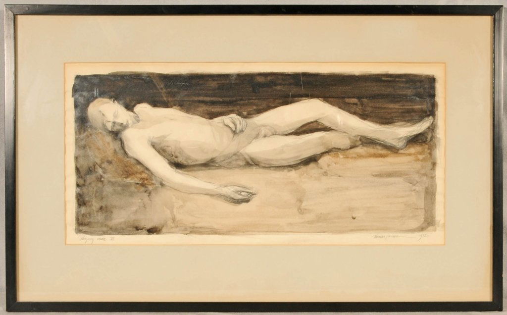 BLACK & WHITE WATERCOLOR. ENT. "SLEEPING MAN VI. " SIGN: BLACK & WHITE WATERCOLOR. ENT. "SLEEPING MAN VI. " SIGNED THOMAS CORNELL. 1962. AMERICAN. GOOD. 9" H X 18 3/4" W.
