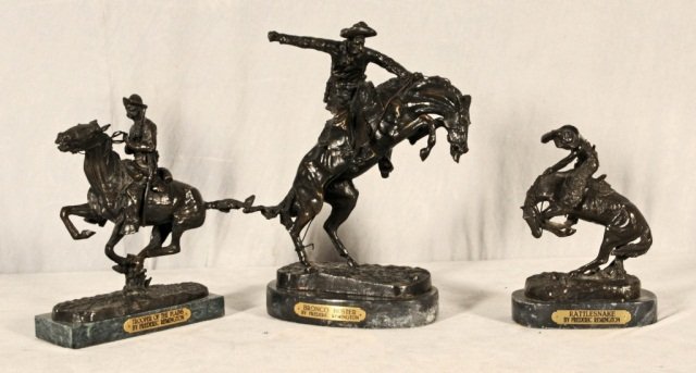 3 REPRODUCTION REMINGTON FIGURAL BRONZE SCULPTURES.: 3 REPRODUCTION REMINGTON FIGURAL BRONZE SCULPTURES. ENTITLED "RATTLESNAKE", "TROOPER OF THE PLAINS" AND "BRONCO BUSTER." GOOD. BB 13 3/4" X 11".