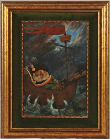 BRAGG OIL PAINTING ON PANEL. DEPICTING A BEARDED: BRAGG OIL PAINTING ON PANEL. DEPICTING A BEARDED SAILOR IN A SHIP AT SEA. SIGNED CHARLES BRAGG. GOOD. 18" H X 12" W.