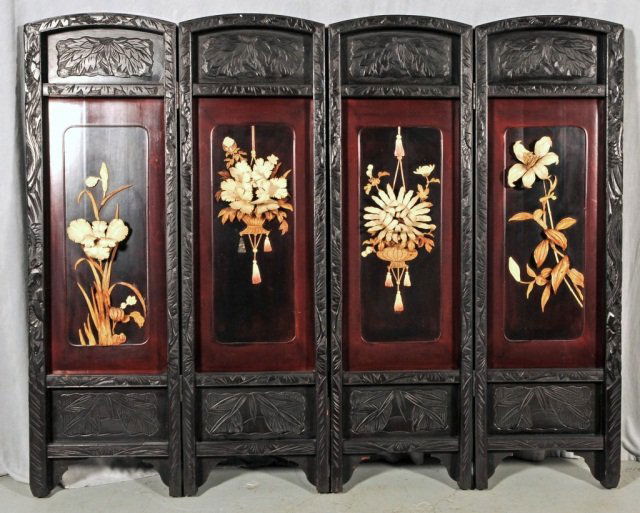 ANTIQUE JAPANESE 4 PANEL SCREEN. CARVED IVORY FLOWERS
