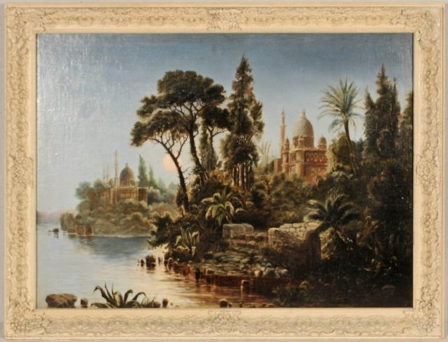 OIL PAINTING ON CANVAS. MIDDLE EASTERN RIVER AND: OIL PAINTING ON CANVAS. MIDDLE EASTERN RIVER AND LANDSCAPE SCENE WITH BUILDINGS IN THE BACKGROUND. WHITE PAINTED WOOD FRAME. GOOD. 27 1/4" H X 36 1/4" W.