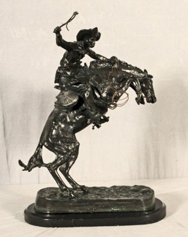 BRONZE FIGURE OF " MOUNTAIN MAN". EXCELLENT POSTHUMAS: BRONZE FIGURE OF " MOUNTAIN MAN". EXCELLENT POSTHUMAS CASTING. SIGNED FREDERIC REMINGTON. FOUNDER ROMAN BRONZE WORKS NY. GREEN MARBLE BASE. BILL OF SALE FROM 1976. GOOD. 23" H X 17" W X 10" D.