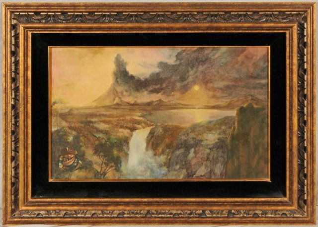 OIL PAINTING ON BOARD. DEPICTING A LAKE AND A: OIL PAINTING ON BOARD. DEPICTING A LAKE AND A WATERFALL. GILTWOOD FRAME. SIGNED CHARLES BRAGG. GOOD. 14" H X 22'" W.