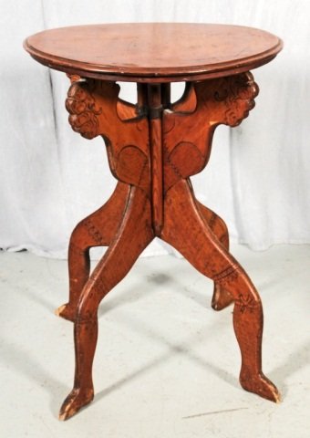 ROUND WALNUT END TABLE. TRIPOD FIGURAL LEGS. GOOD.: ROUND WALNUT END TABLE. TRIPOD FIGURAL LEGS. GOOD. 27" H X 19" DIA.