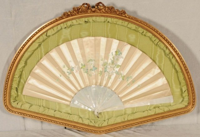 HAND PAINTED PAPER FAN IN A SHADOW BOX FRAME. GOOD. 23": HAND PAINTED PAPER FAN IN A SHADOW BOX FRAME. GOOD. 23" H X 33 1/4" W.