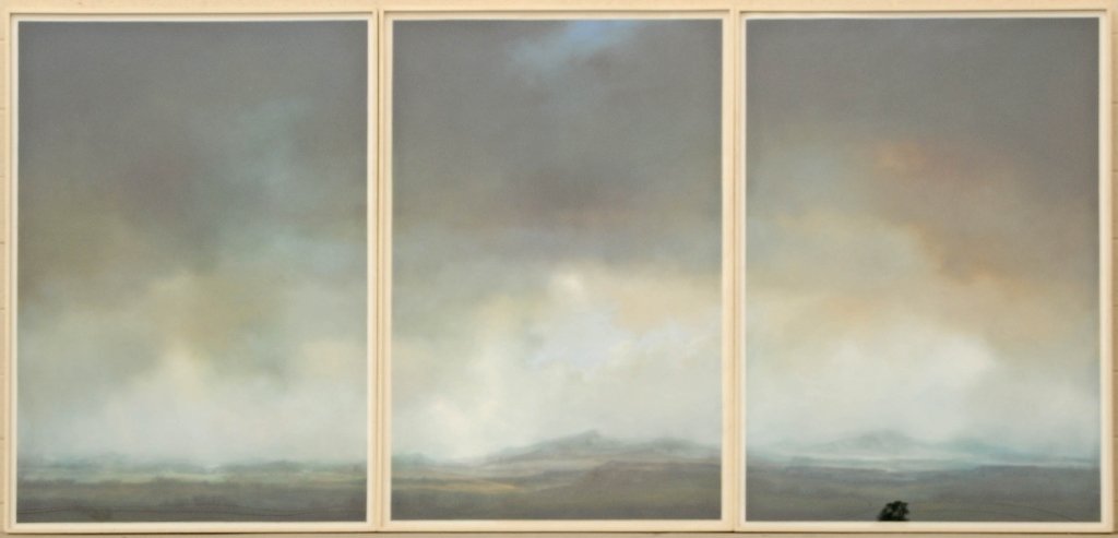 3 PAINTINGS. TRIPTYCH TEMPRA PANITINGS ENTITLED "THE: 3 PAINTINGS. TRIPTYCH TEMPRA PANITINGS ENTITLED "THE STORM." SIGNED LARRY GRAY. WHITE FRAMES. GOOD. 61" H X 39 1/2" W .