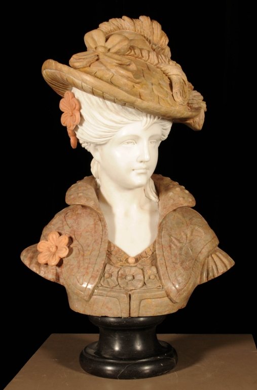 MULTI COLOR MARBLE BUST OF A WOMAN WEARING A BROWN: MULTI COLOR MARBLE BUST OF A WOMAN WEARING A BROWN HAT AND DRESS. BLACK MARBLE BASE. GOOD. 26" H X 17" W X 11" D.