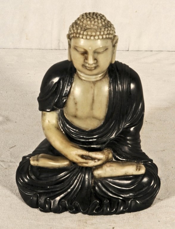 CHINESE CARVED WOOD AND SOAPSTONE SEATED FIGURE OF: CHINESE CARVED WOOD AND SOAPSTONE SEATED FIGURE OF BUDDHA. GOOD. 10 1/2" H X 8" W X 6 1/2" D.