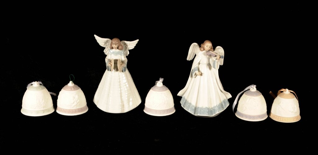 7 LLADRO PCS. CONSISTING OF 5 BELLS & 2 ANGELS.: 7 LLADRO PCS. CONSISTING OF 5 BELLS & 2 ANGELS. ANGELS #6126 & 5876. BELLS, # 16206, # 5.616, #15913 AND 2 # 16010. BOXES FOR ANGELS, 4 BOXES FOR BELLS. 1 ANGEL FINGER BROKEN # 6126. 7" H ANGEL.
