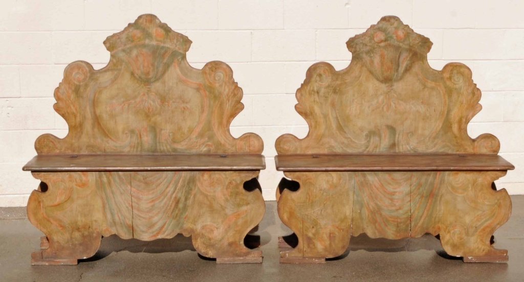 PR. CONTEMPORARY WOOD HALL BENCHES. SHAPED BACKS &: PR. CONTEMPORARY WOOD HALL BENCHES. SHAPED BACKS & LIFT UP STORAGE. PAINTED FINISH. SOME CRACKS IN THE WOOD. 48 1/2" H X 47" W X 14" D.