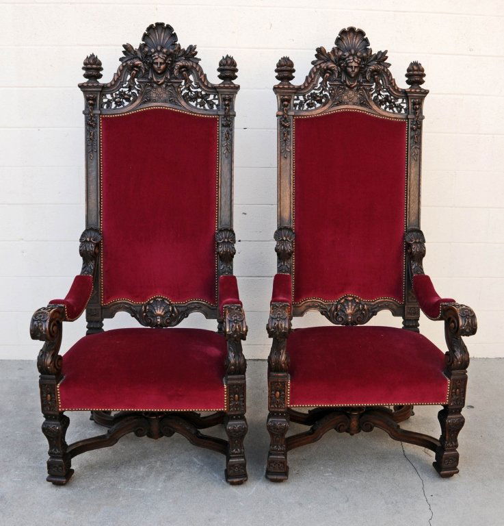 Pr. 19th C. Heavily Carved High Back Throne Chairs