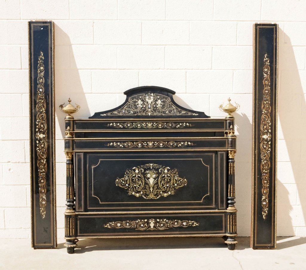 19th C. FRENCH LOUIS PHILIPPE INLAID BED (QUEEN). BONE,: 19th C. FRENCH LOUIS PHILIPPE INLAID BED (QUEEN). BONE, BRASS AND M.O.P. FIGURAL AND FLORAL DECORATION. ORMOLU MOUNTS. INSIDE 75" W X 53 1/2" D. SOME CHIPS ON THE TOP. 55 1/2" H X 60 1/2" W.