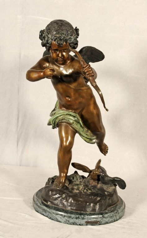 CONTEMPORARY BRONZE FIGURE OF CUPID HOLDING A BOW AND: CONTEMPORARY BRONZE FIGURE OF CUPID HOLDING A BOW AND ARROWS. AFTER HOUDON. GREEN MARBLE BASE. GOOD. 26 1/2" H X 13" W X 15" D.