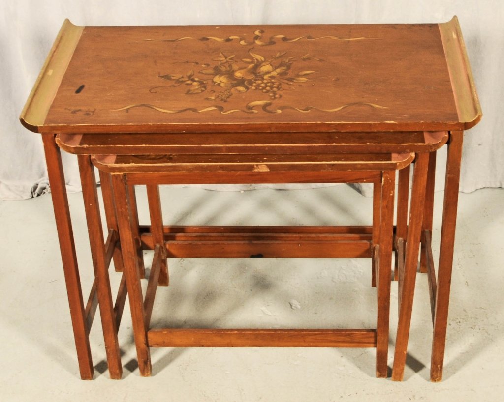 NEST OF 3 GILT PAINTED TABLES. FRUIT AND RIBBON: NEST OF 3 GILT PAINTED TABLES. FRUIT AND RIBBON DECORATION. NEEDS REFINISHING. 23" H X 28 1/4" W.