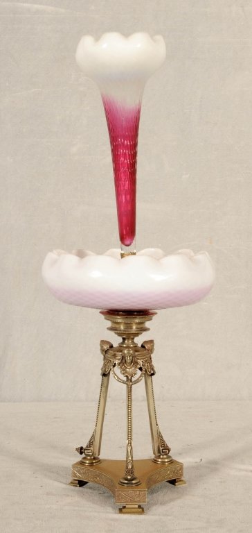 ANTIQUE ART GLASS & SILVER PLATED EPERGNE. WHITE TO: ANTIQUE ART GLASS & SILVER PLATED EPERGNE. WHITE TO PINK COLOR TRUMPET VASE. MATCHING BOWL. FIGURAL TRIPOD BASE. GOOD. 23" H X 8 1/2" DIA.