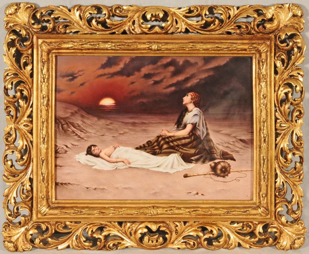 GERMAN KPM PORCELAIN PAINTED PLAQUE. FIGURE OF A: GERMAN KPM PORCELAIN PAINTED PLAQUE. FIGURE OF A MOTHER MOURNING HER SON. CARVED FLORENTINE FRAME. GOOD. 12 1/4" H X 16 1/4" W.