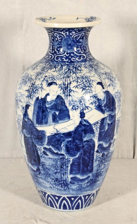 ANTIQUE CHINESE BLUE & WHITE VASE. FLAIRED NECK,: ANTIQUE CHINESE BLUE & WHITE VASE. FLAIRED NECK, FIGURAL DECORATION ON BOTH SIDES WITH A BAMBOO STYLE BACKGROUND. GOOD. 24" H X 13" W.
