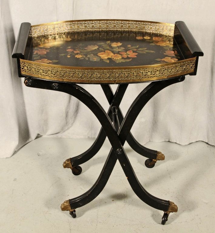 FLORAL PAINTED BUTLERS TRAY & STAND. BRASS OPEN WORK: FLORAL PAINTED BUTLERS TRAY & STAND. BRASS OPEN WORK EDGE ON THE TRAY. GOOD. 30" H X 26 1/4" W.