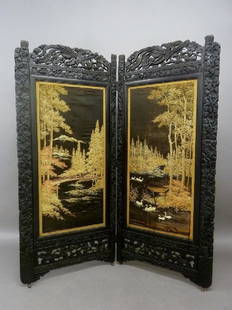 Circa 1900 Heavily Carved Asian Screen with Silk: Circa 1900 Heavily Carved Asian Screen with Silk Landscape Scenic Panels and Birds Carved in the Crest - height 74" width 64" - silk on the swan side is damaged. Wood is all in good condition.